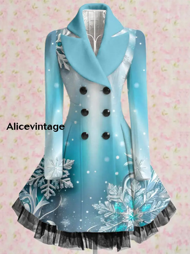 Snowflake Print Vintage Elegant Lapel V-Neck Button Up Long Sleeve Coat Dress