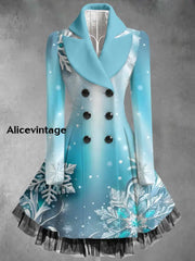 Snowflake Print Vintage Elegant Lapel V-Neck Button Up Long Sleeve Coat Dress