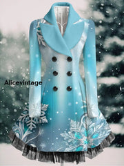 Snowflake Print Vintage Elegant Lapel V-Neck Button Up Long Sleeve Coat Dress A / S