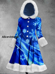 Snowflake Print Vintage Elegant Long Sleeve Fur Hooded Coat Dress