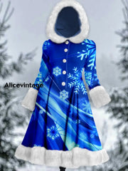 Snowflake Print Vintage Elegant Long Sleeve Fur Hooded Coat Dress A / S