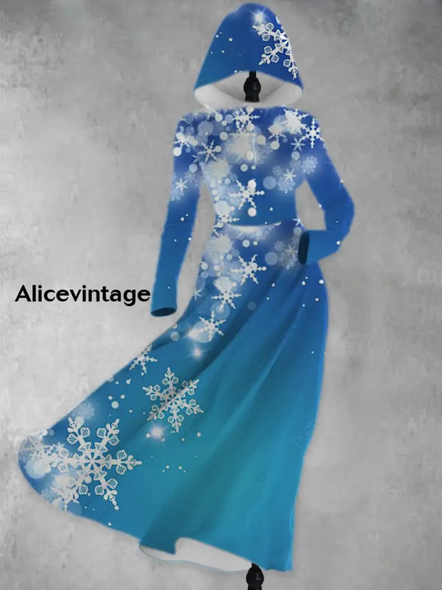 Snowflake Print Vintage Elegant Long Sleeve Hooded Dress