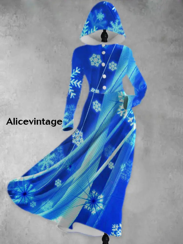 Snowflake Print Vintage Elegant Long Sleeve Hooded Dress