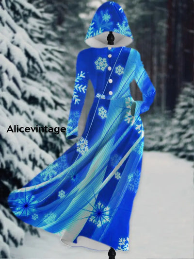 Snowflake Print Vintage Elegant Long Sleeve Hooded Dress A / S