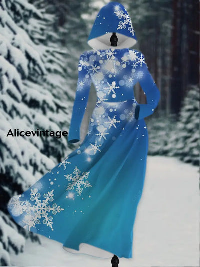 Snowflake Print Vintage Elegant Long Sleeve Hooded Dress A / S