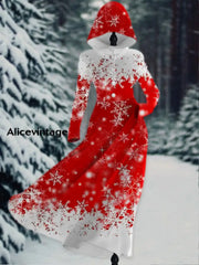 Snowflake Print Vintage Elegant Long Sleeve Hooded Dress A / S