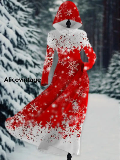 Snowflake Print Vintage Elegant Long Sleeve Hooded Dress A / S