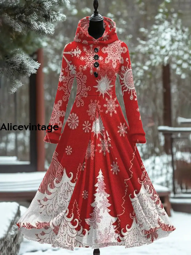 Snowflake Print Vintage Elegant Long Sleeve Maxi Dress Fake Two Piece A / S