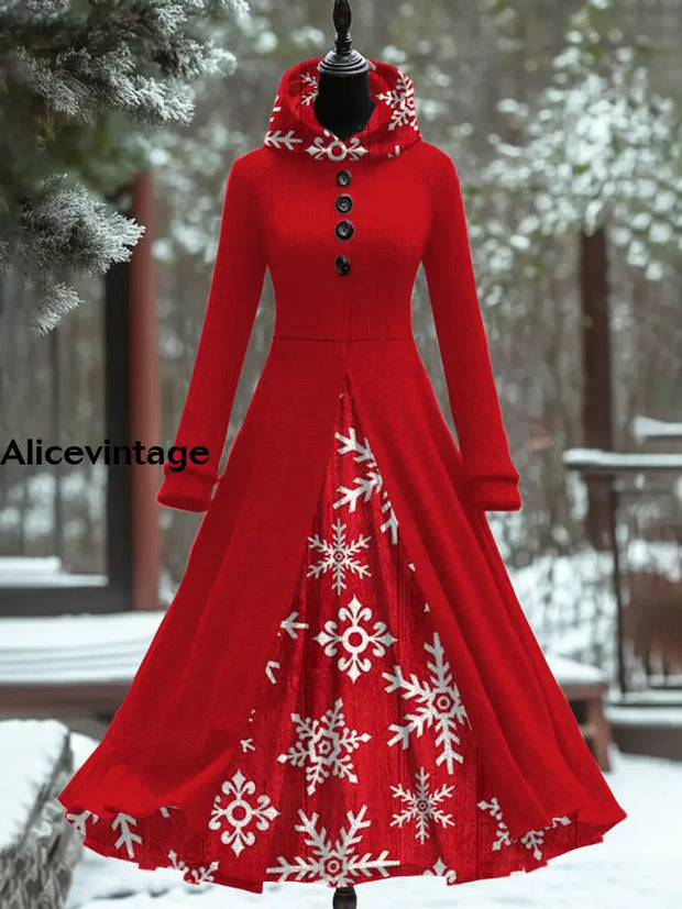 Snowflake Print Vintage Elegant Long Sleeve Maxi Dress Fake Two Piece A / S