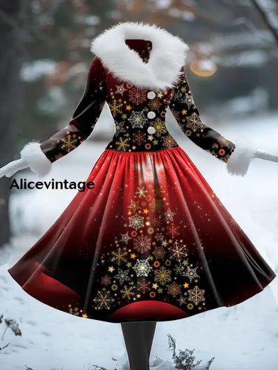 Snowflake Print Vintage Elegant V-Neck Fur Collar Long Sleeve Midi Dress A / S