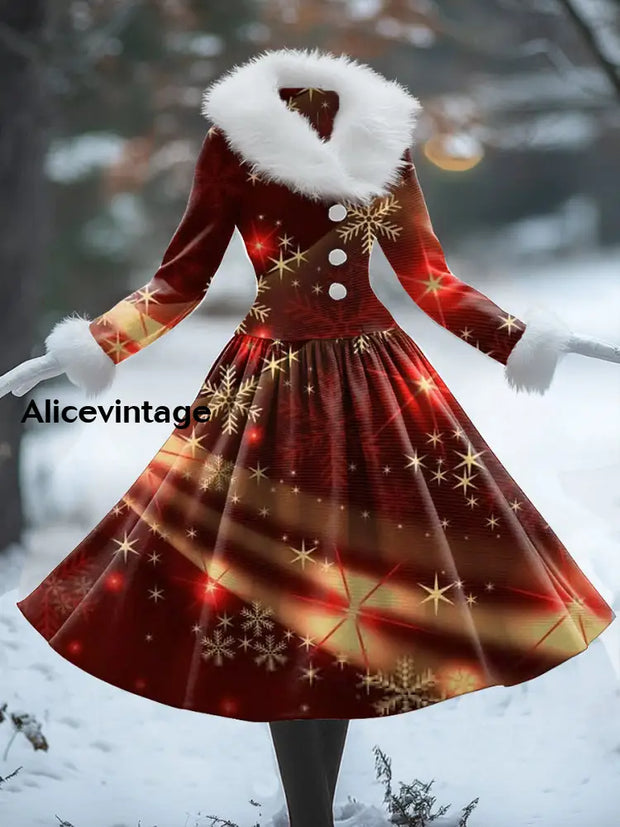 Snowflake Print Vintage Elegant V-Neck Fur Collar Long Sleeve Midi Dress A / S