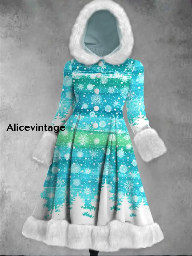 Snowflakes Art Print Vintage Elegant Long Sleeve Fur Hooded Coat Dress