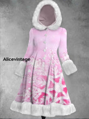 Snowflakes Art Print Vintage Elegant Long Sleeve Fur Hooded Coat Dress