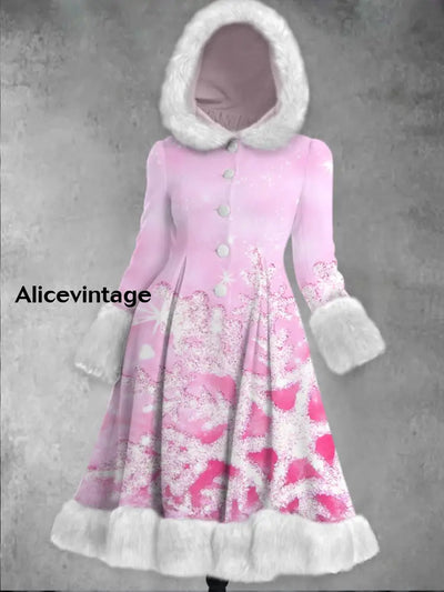 Snowflakes Art Print Vintage Elegant Long Sleeve Fur Hooded Coat Dress