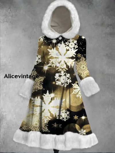 Snowflakes Art Print Vintage Elegant Long Sleeve Fur Hooded Coat Dress