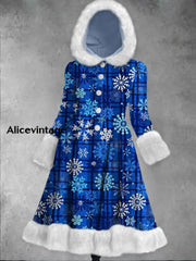 Snowflakes Art Print Vintage Elegant Long Sleeve Fur Hooded Coat Dress