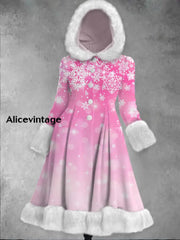 Snowflakes Art Print Vintage Elegant Long Sleeve Fur Hooded Coat Dress