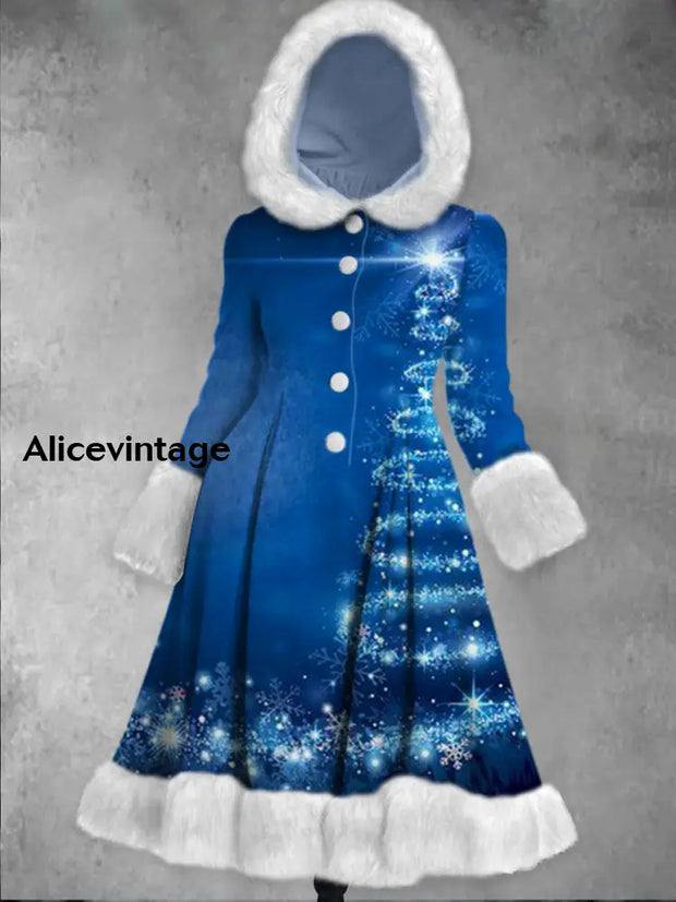 Snowflakes Art Print Vintage Elegant Long Sleeve Fur Hooded Coat Dress