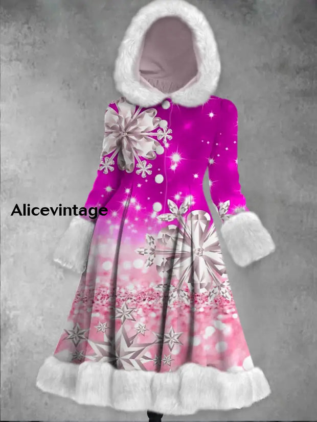 Snowflakes Art Print Vintage Elegant Long Sleeve Fur Hooded Coat Dress