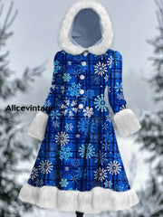 Snowflakes Art Print Vintage Elegant Long Sleeve Fur Hooded Coat Dress A / S