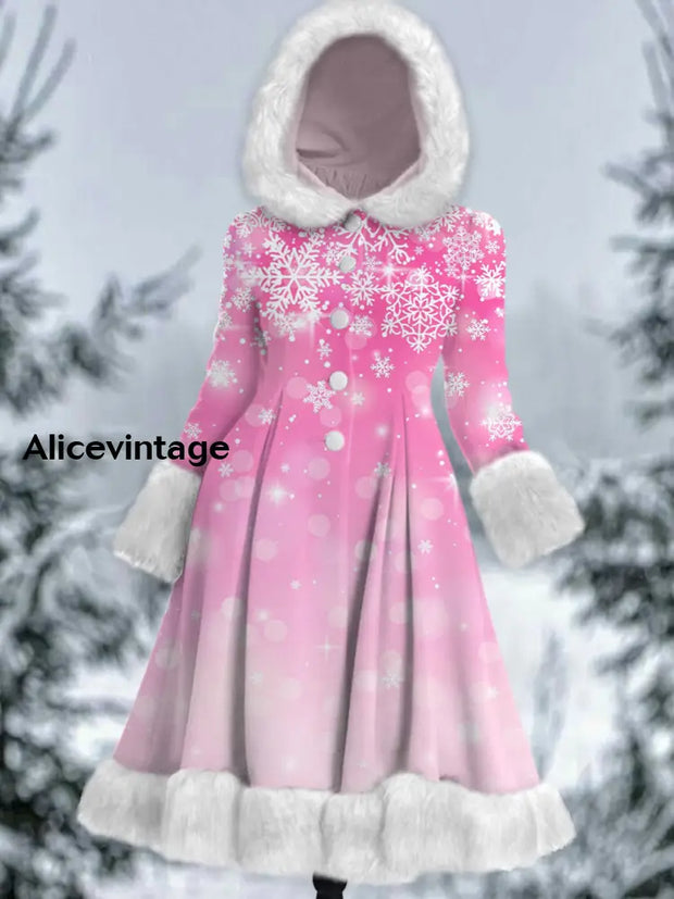 Snowflakes Art Print Vintage Elegant Long Sleeve Fur Hooded Coat Dress A / S