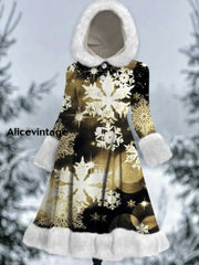 Snowflakes Art Print Vintage Elegant Long Sleeve Fur Hooded Coat Dress A / S