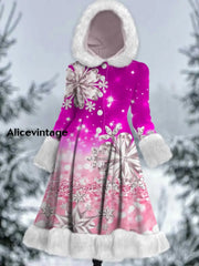 Snowflakes Art Print Vintage Elegant Long Sleeve Fur Hooded Coat Dress A / S