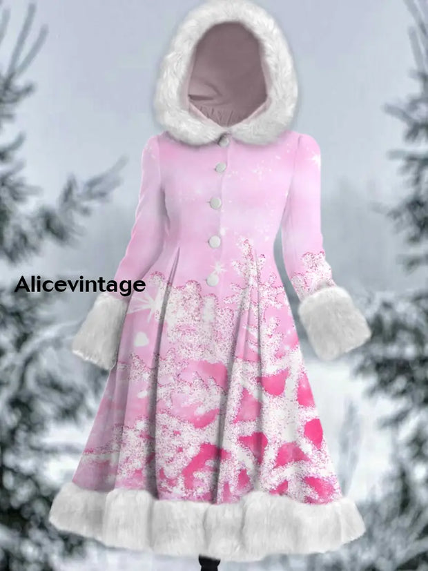 Snowflakes Art Print Vintage Elegant Long Sleeve Fur Hooded Coat Dress A / S