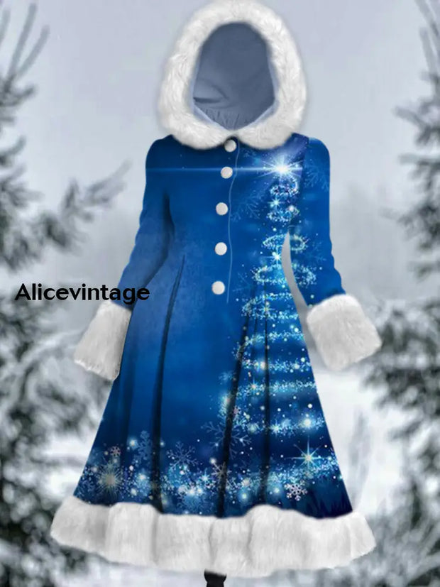 Snowflakes Art Print Vintage Elegant Long Sleeve Fur Hooded Coat Dress A / S