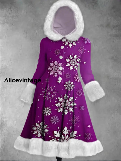 Snowflakes Art Printed Elegance Furry Cuff Thick Long-Sleeved Fur Hooded Coat Midi Dress