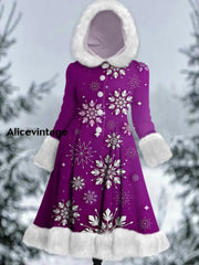 Snowflakes Art Printed Elegance Furry Cuff Thick Long-Sleeved Fur Hooded Coat Midi Dress A / S