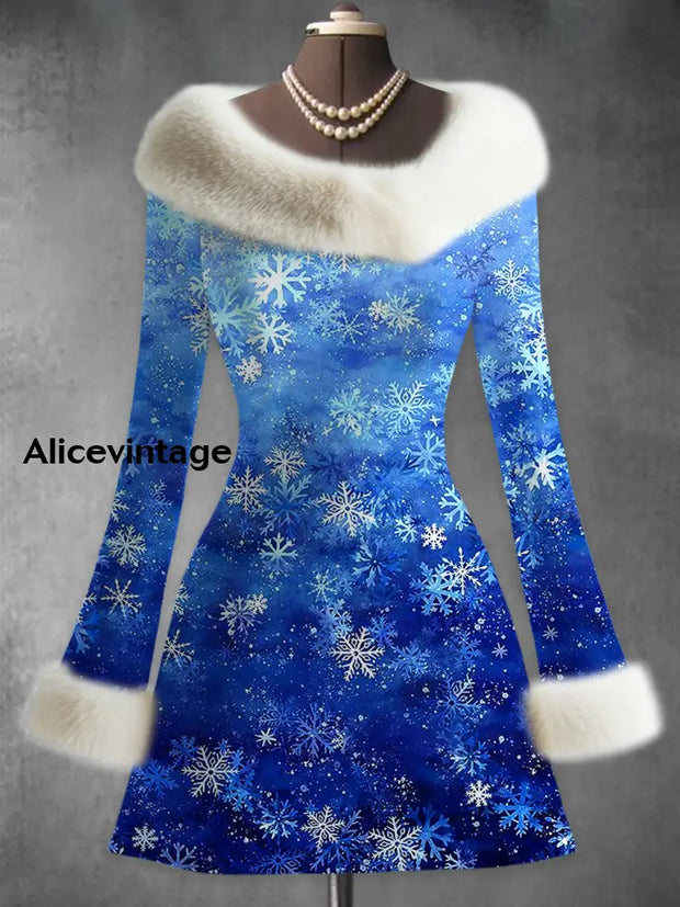 Snowflakes Art Printed Vintage Elegant Fur Collar Furry Cuff Thick Long-Sleeved Midi Dress