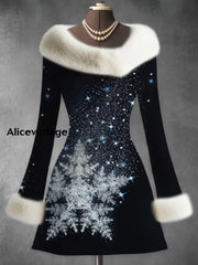 Snowflakes Art Printed Vintage Elegant Fur Collar Furry Cuff Thick Long-Sleeved Midi Dress