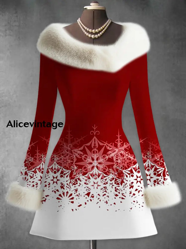 Snowflakes Art Printed Vintage Elegant Fur Collar Furry Cuff Thick Long-Sleeved Midi Dress