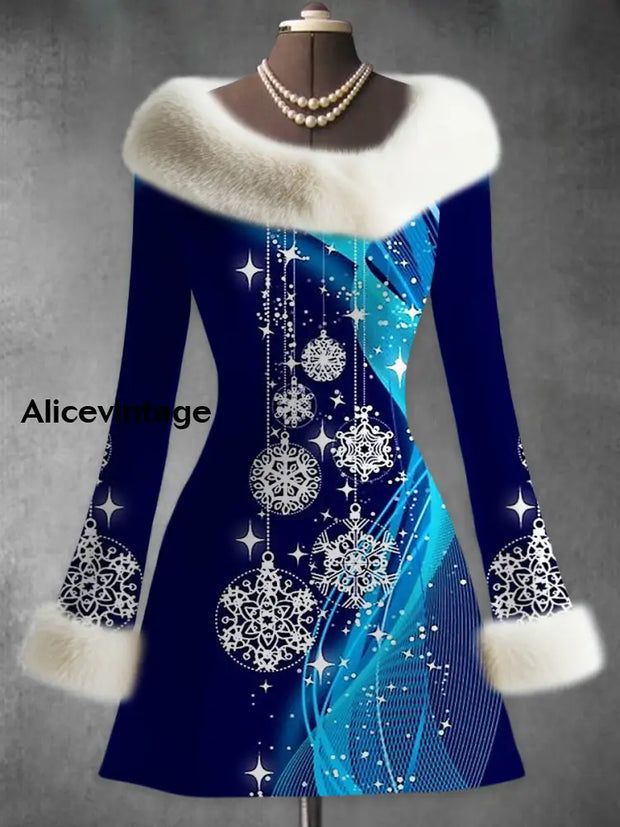 Snowflakes Art Printed Vintage Elegant Fur Collar Furry Cuff Thick Long-Sleeved Midi Dress