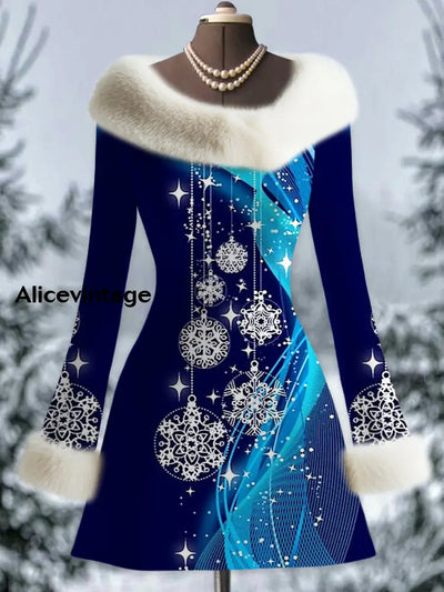 Snowflakes Art Printed Vintage Elegant Fur Collar Furry Cuff Thick Long-Sleeved Midi Dress A / S