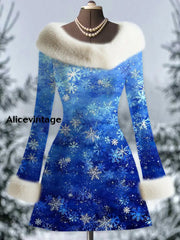 Snowflakes Art Printed Vintage Elegant Fur Collar Furry Cuff Thick Long-Sleeved Midi Dress A / S