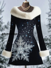 Snowflakes Art Printed Vintage Elegant Fur Collar Furry Cuff Thick Long-Sleeved Midi Dress A / S