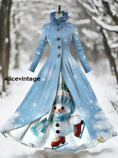 Snowman Art Print Vintage Elegant Long Sleeve Fake Two Piece Maxi Dress A / S