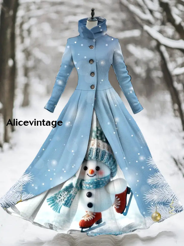 Snowman Art Print Vintage Elegant Long Sleeve Fake Two Piece Maxi Dress A / S