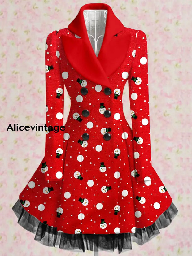 Snowman Print Vintage Elegant Lapel V-Neck Button Up Long Sleeve Coat Dress