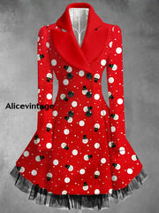 Snowman Print Vintage Elegant Lapel V-Neck Button Up Long Sleeve Coat Dress