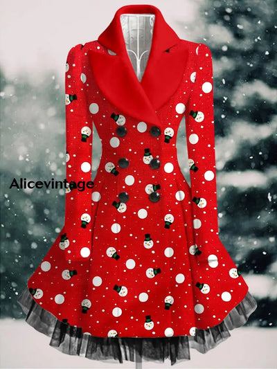 Snowman Print Vintage Elegant Lapel V-Neck Button Up Long Sleeve Coat Dress A / S