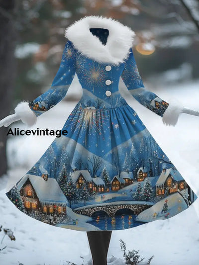 Snowy House Art Print Vintage Elegant Fur Collar Long Sleeve Midi Dress A / S