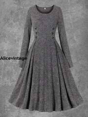 Solid Color Long Sleeve Round Neck Vintage Elegant Knitted Midi Dress A / S