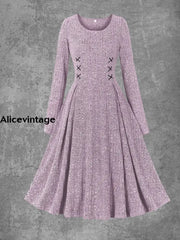 Solid Color Long Sleeve Round Neck Vintage Elegant Knitted Midi Dress B / S