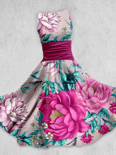 Floral Art Print Elegant Vintage Chic Sleeveless Tank Midi Dress