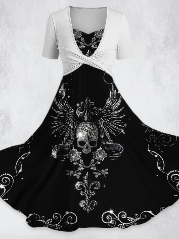 Skull Crystal Art Printed Elegant Vintage Chic Plicated Short Sleeve Maxi Dress