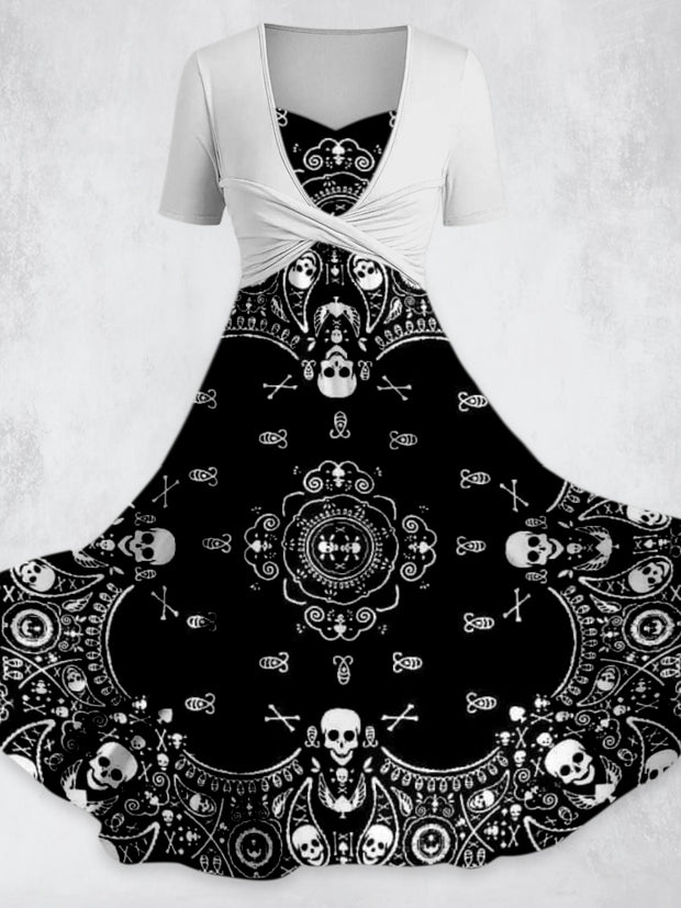 Skull Art Printed Elegant Vintage Chic Plicated Short Sleeve Maxi Dress