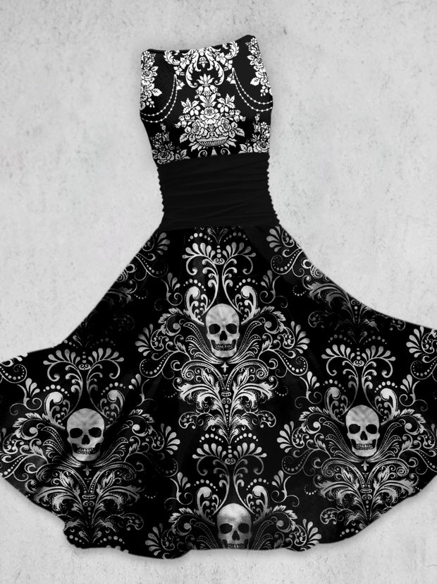 Punk Skull Art Print Vintage Chic Sleeveless Midi Dress